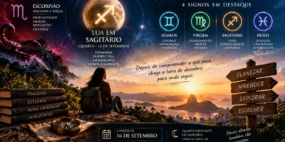 Lua em Sagitário ilumina o horizonte enquanto viajante observa a paisagem, com símbolos de Gêmeos, Virgem, Sagitário e Peixes