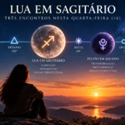 Lua em Sagitário aparece conectada a Netuno em Áries, Plutão em Aquário e Urano em Gêmeos pelos três aspectos desta quarta-feira