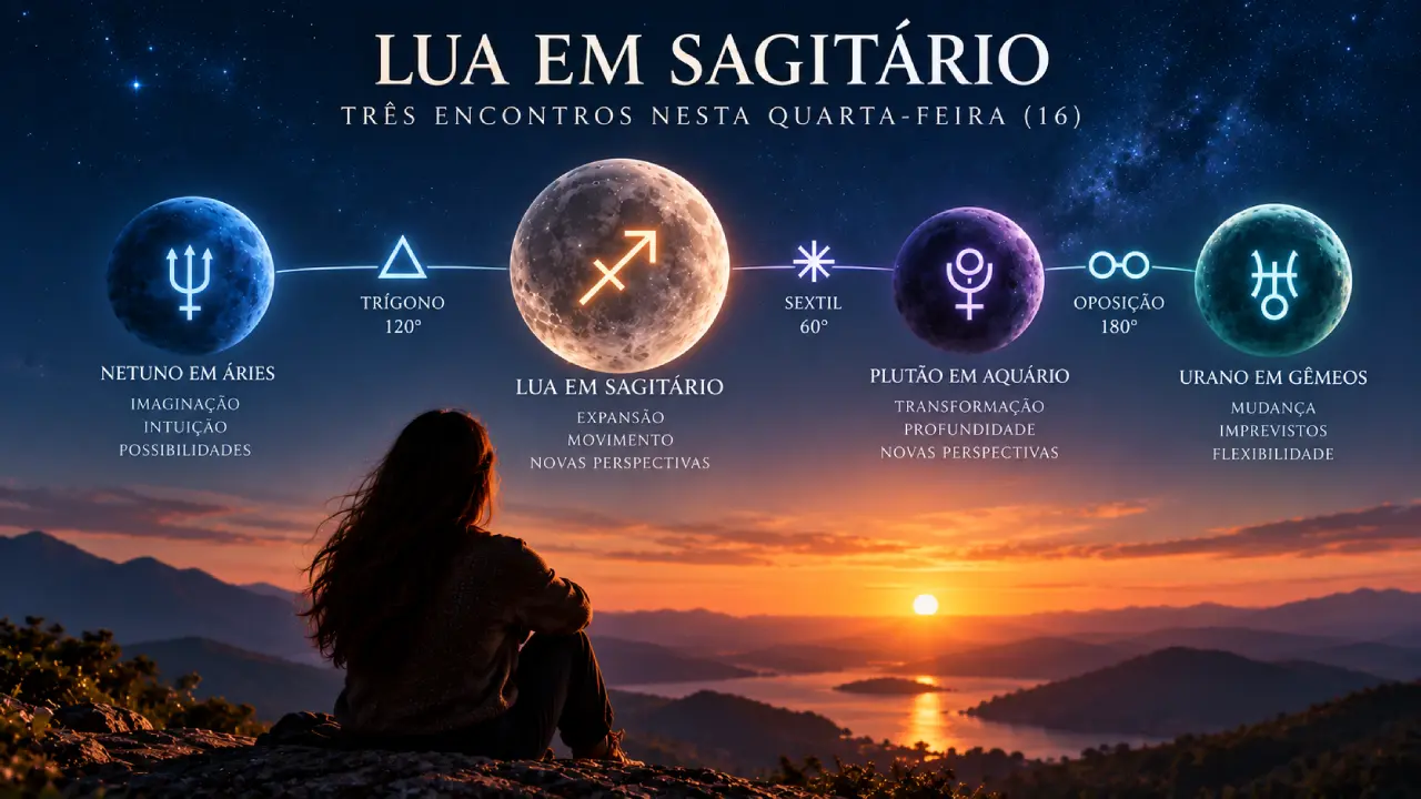 Lua em Sagitário aparece conectada a Netuno em Áries, Plutão em Aquário e Urano em Gêmeos pelos três aspectos desta quarta-feira