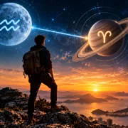 Homem observa céu estrelado com Lua em Aquário e Saturno, diante de placas que representam planejamento, foco, estratégia, disciplina e realização.