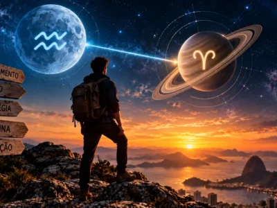 Homem observa céu estrelado com Lua em Aquário e Saturno, diante de placas que representam planejamento, foco, estratégia, disciplina e realização.