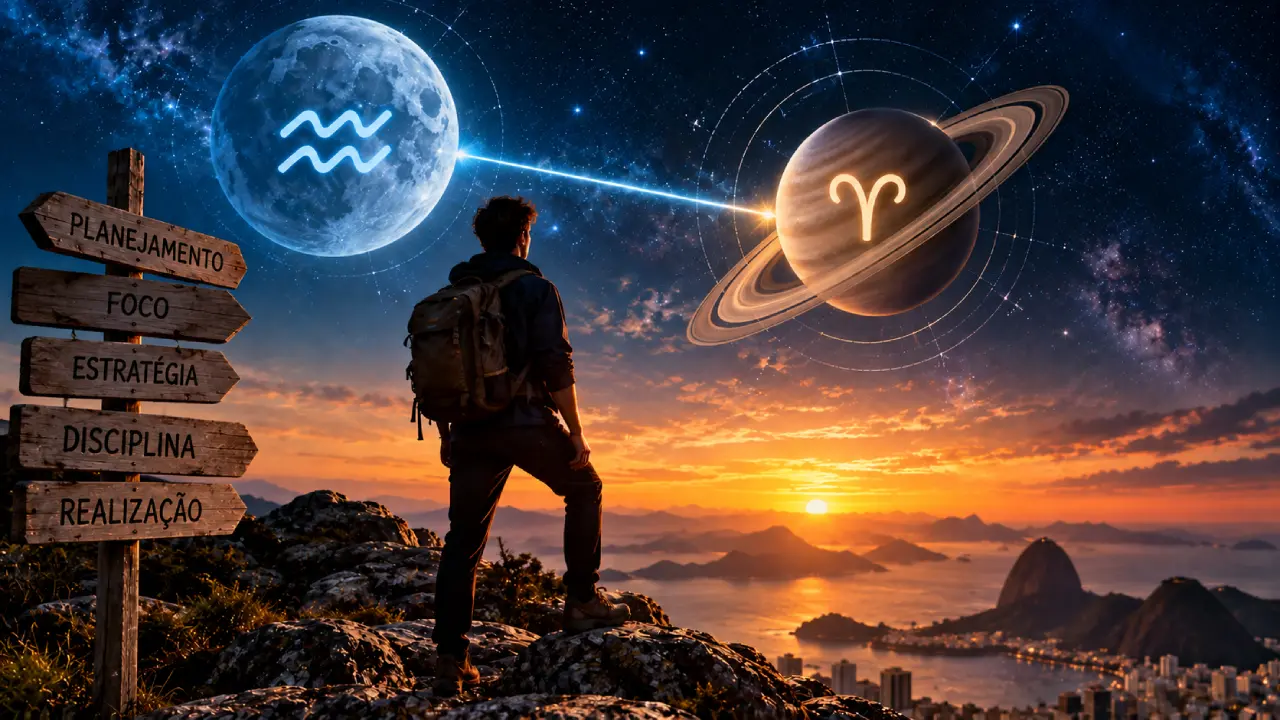 Homem observa céu estrelado com Lua em Aquário e Saturno, diante de placas que representam planejamento, foco, estratégia, disciplina e realização. Homem observa céu estrelado com Lua em Aquário e Saturno, diante de placas que representam planejamento, foco, estratégia, disciplina e realização.