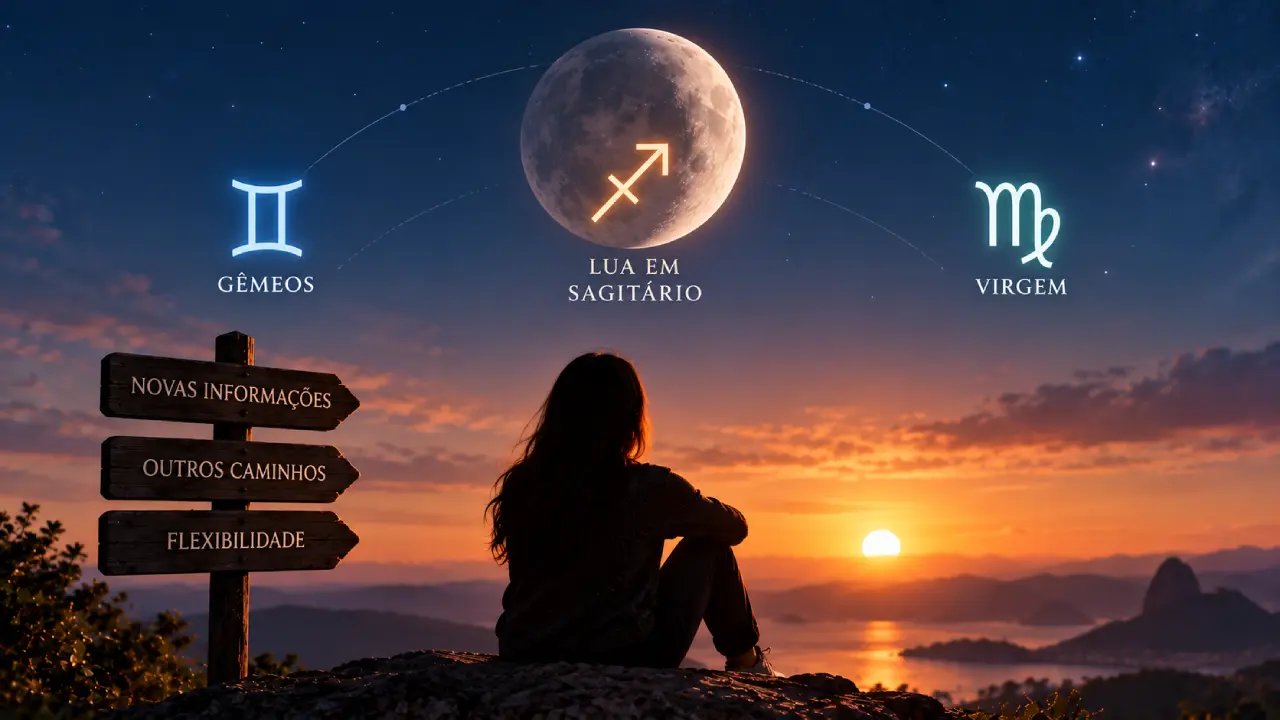 Lua em Sagitário aparece entre os símbolos de Gêmeos e Virgem, enquanto uma mulher observa novos caminhos diante do horizonte com Lua oposição Urano 3 signos Lua em Sagitário aparece entre os símbolos de Gêmeos e Virgem, enquanto uma mulher observa novos caminhos diante do horizonte com Lua oposição Urano 3 signos