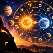 Mulher observa mapa astral com Sol, Lua, planetas e os 12 signos do zodíaco.