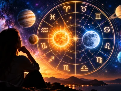 Mulher observa mapa astral com Sol, Lua, planetas e os 12 signos do zodíaco.