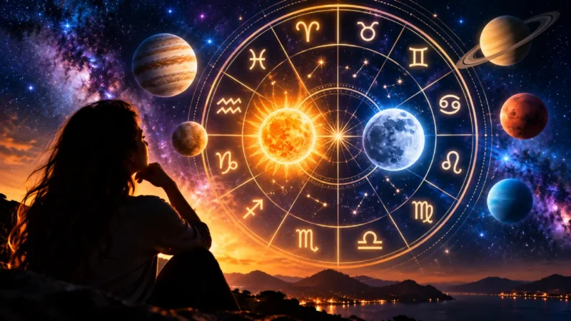 Mulher observa mapa astral com Sol, Lua, planetas e os 12 signos do zodíaco.