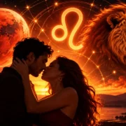 Casal em clima de romance com Marte e o símbolo de Leão em ilustração astrológica.