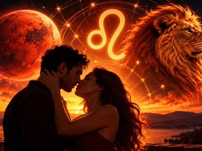 Casal em clima de romance com Marte e o símbolo de Leão em ilustração astrológica.