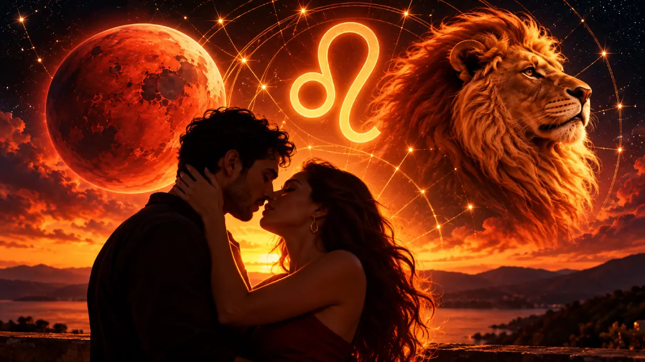 Casal em clima de romance com Marte e o símbolo de Leão em ilustração astrológica.
