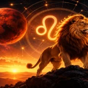 Marte e símbolo de Leão em ilustração astrológica sobre a entrada do planeta no signo.
