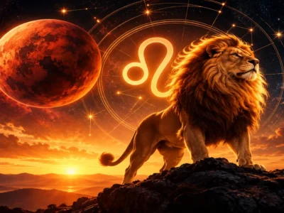 Marte e símbolo de Leão em ilustração astrológica sobre a entrada do planeta no signo.