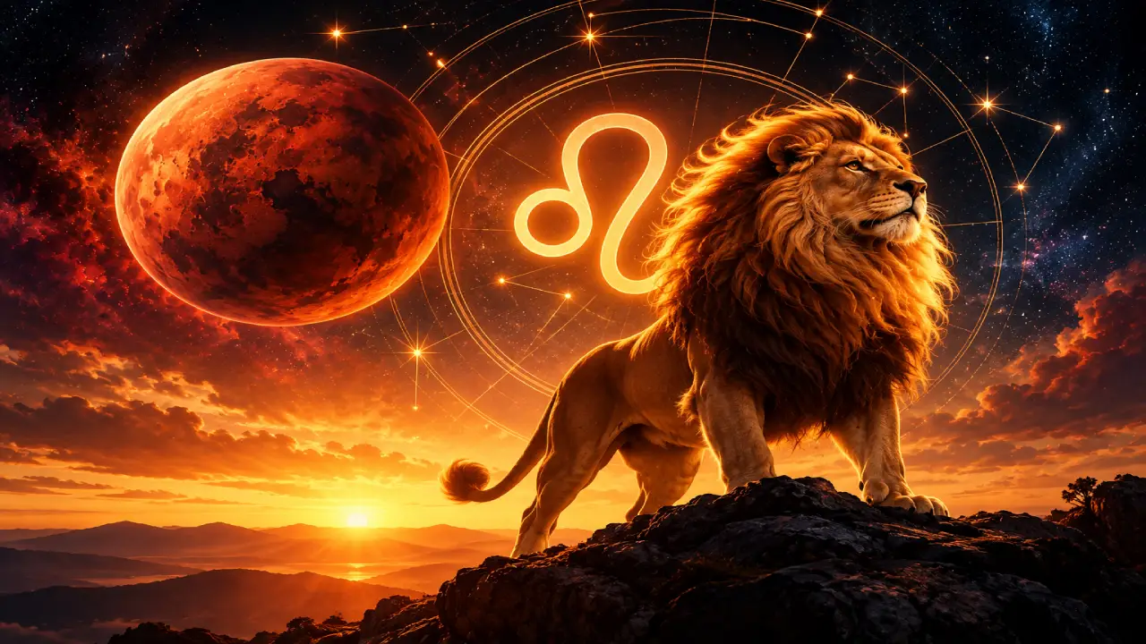 Marte e símbolo de Leão em ilustração astrológica sobre a entrada do planeta no signo.