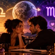 Casal conversa diante de símbolos de Libra e Escorpião em ilustração sobre Mercúrio em Escorpião no amor.