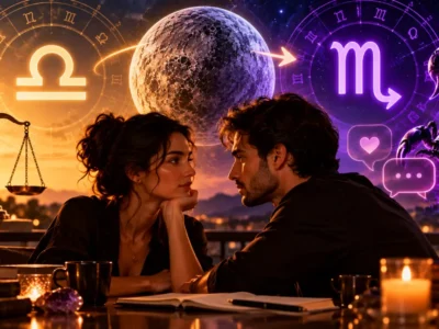 Casal conversa diante de símbolos de Libra e Escorpião em ilustração sobre Mercúrio em Escorpião no amor.