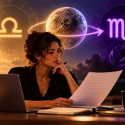 Mulher analisa documentos e finanças em ilustração sobre Mercúrio em Escorpião no trabalho e dinheiro.