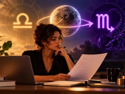 Mulher analisa documentos e finanças em ilustração sobre Mercúrio em Escorpião no trabalho e dinheiro.