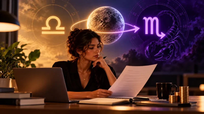 Mulher analisa documentos e finanças em ilustração sobre Mercúrio em Escorpião no trabalho e dinheiro.