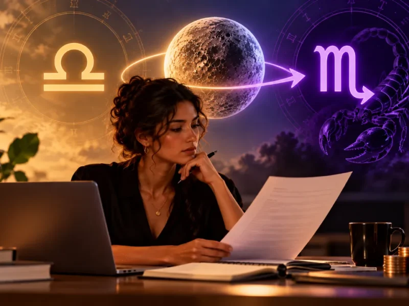 Mulher analisa documentos e finanças em ilustração sobre Mercúrio em Escorpião no trabalho e dinheiro.