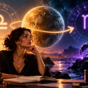Mercúrio entre Libra e Escorpião, com balança e escorpião representando a mudança de signo.