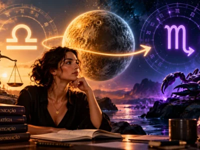 Mercúrio entre Libra e Escorpião, com balança e escorpião representando a mudança de signo.