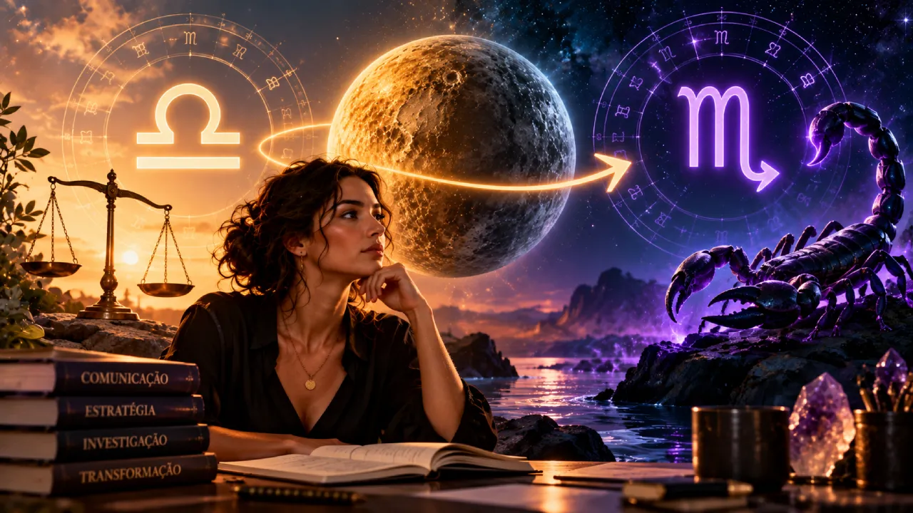 Mercúrio entre Libra e Escorpião, com balança e escorpião representando a mudança de signo. Mercúrio entre Libra e Escorpião, com balança e escorpião representando a mudança de signo.