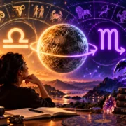 Mercúrio entre Libra e Escorpião com roda do zodíaco e áreas da vida representando os efeitos para cada signo.
