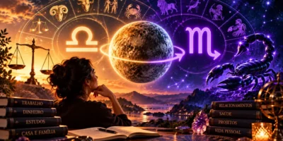 Mercúrio entre Libra e Escorpião com roda do zodíaco e áreas da vida representando os efeitos para cada signo.