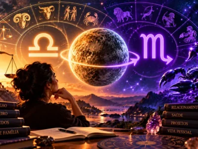 Mercúrio entre Libra e Escorpião com roda do zodíaco e áreas da vida representando os efeitos para cada signo.