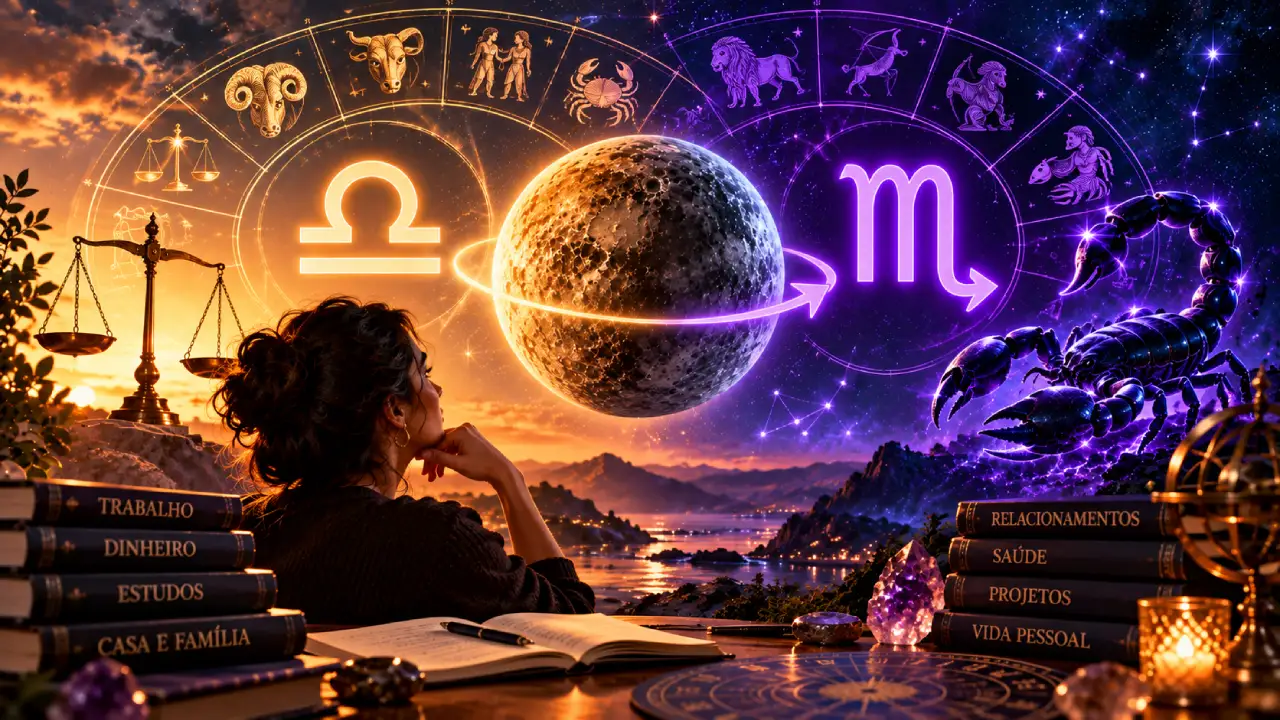 Mercúrio entre Libra e Escorpião com roda do zodíaco e áreas da vida representando os efeitos para cada signo.