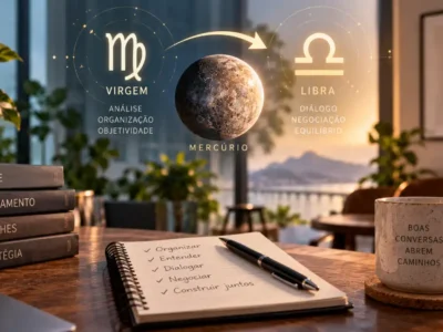 Mercúrio entre Virgem e Libra em ilustração sobre comunicação, diálogo, negociação e equilíbrio
