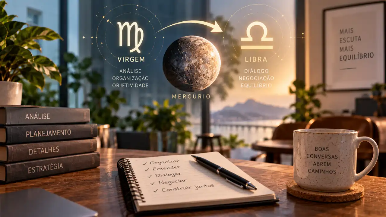 Mercúrio entre Virgem e Libra em ilustração sobre comunicação, diálogo, negociação e equilíbrio