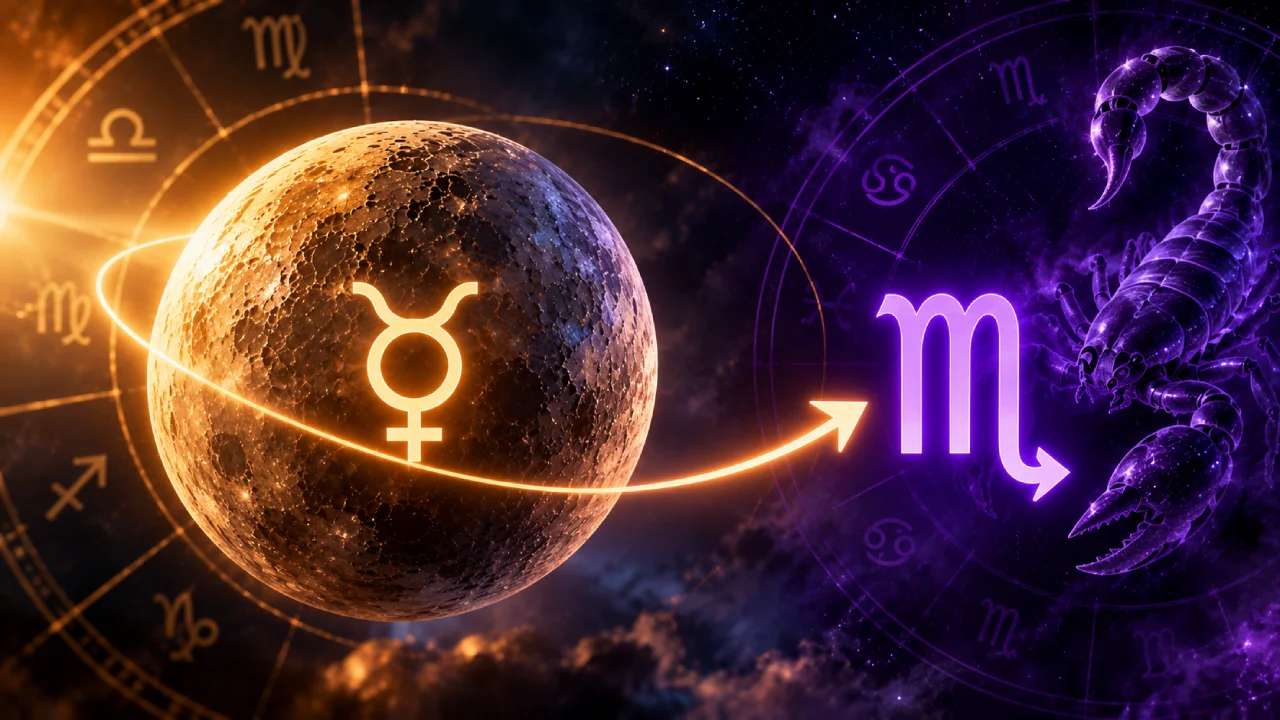 Mercúrio segue em direção a Escorpião em ilustração sobre a mudança de signo em 30 de setembro de 2026.