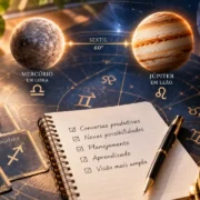 Mesa com representações de Mercúrio em Libra e Júpiter em Leão, mapa astrológico, caderno de planejamento e símbolos do zodíaco.