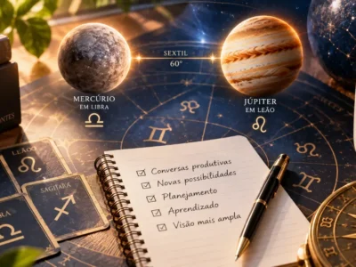 Mesa com representações de Mercúrio em Libra e Júpiter em Leão, mapa astrológico, caderno de planejamento e símbolos do zodíaco.