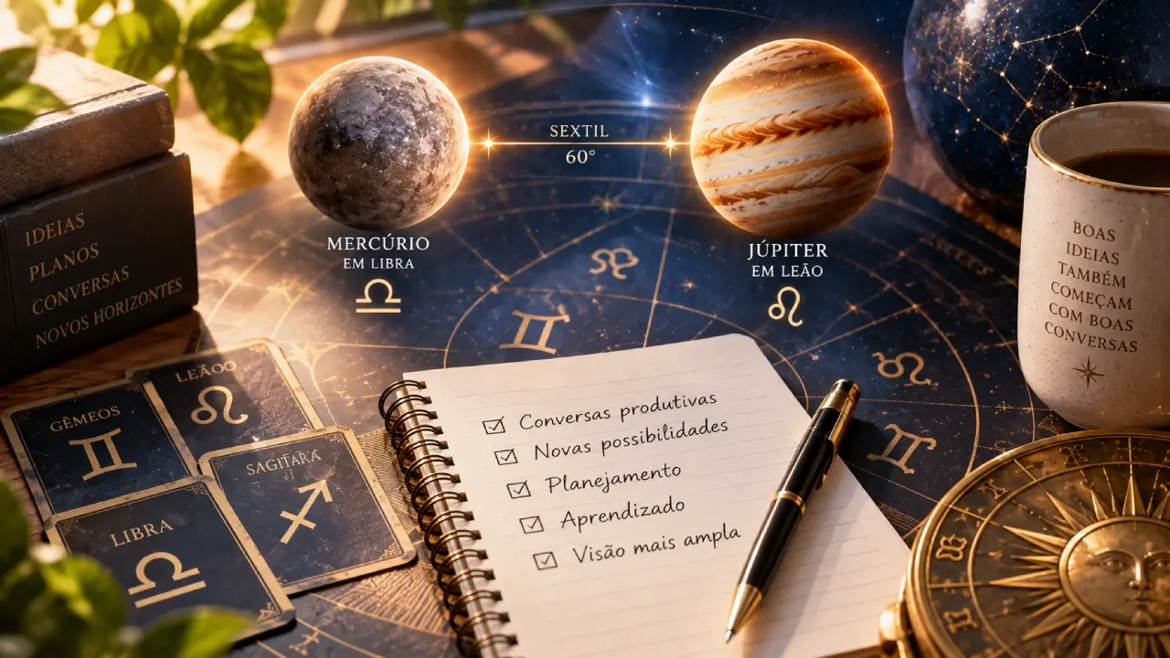 Mesa com representações de Mercúrio em Libra e Júpiter em Leão, mapa astrológico, caderno de planejamento e símbolos do zodíaco. Mesa com representações de Mercúrio em Libra e Júpiter em Leão, mapa astrológico, caderno de planejamento e símbolos do zodíaco.
