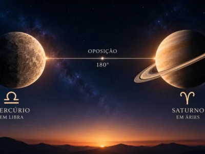 Ilustração mostra Mercúrio em Libra e Saturno em Áries em oposição de 180 graus sob um céu estrelado.