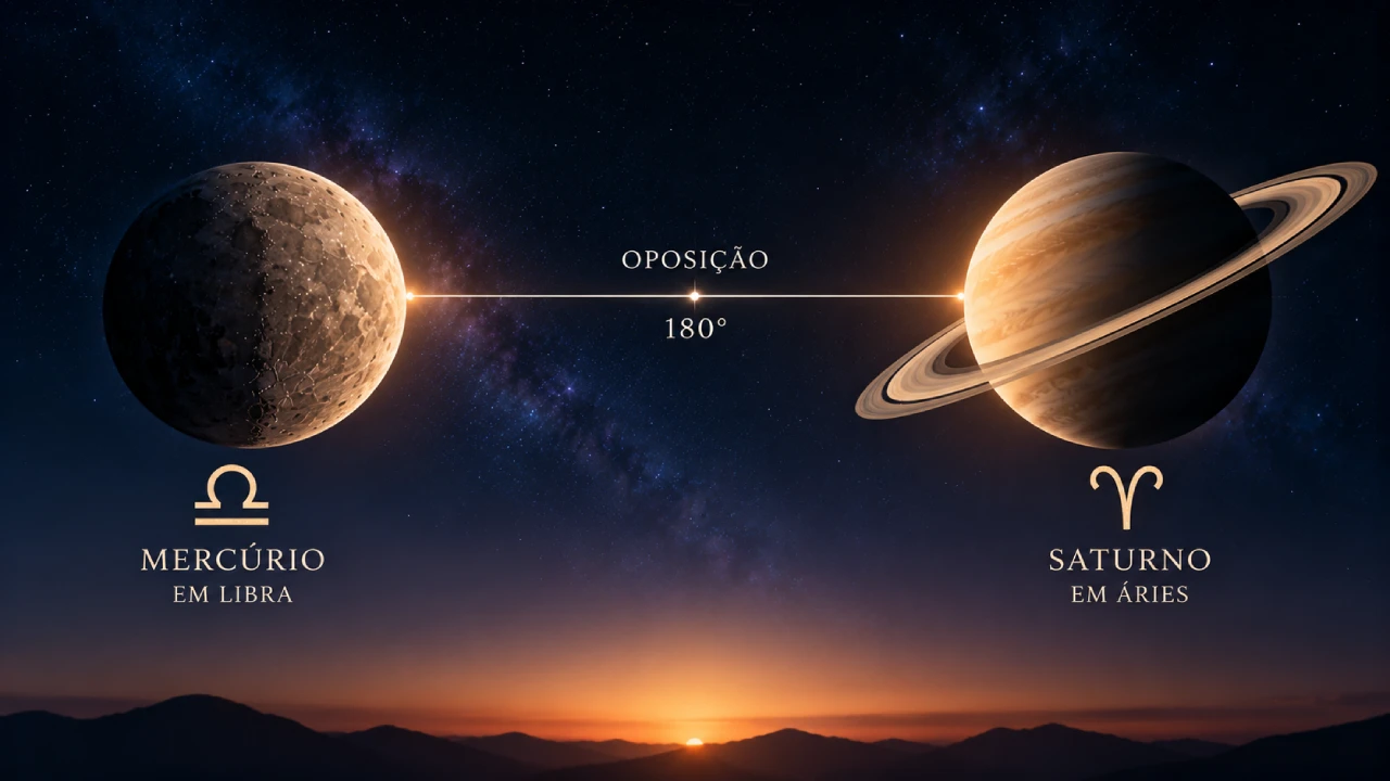 Ilustração mostra Mercúrio em Libra e Saturno em Áries em oposição de 180 graus sob um céu estrelado.