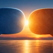 Dois balões de diálogo, um azul e outro laranja, aparecem frente a frente com uma luz entre eles ao entardecer.