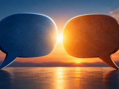 Dois balões de diálogo, um azul e outro laranja, aparecem frente a frente com uma luz entre eles ao entardecer.