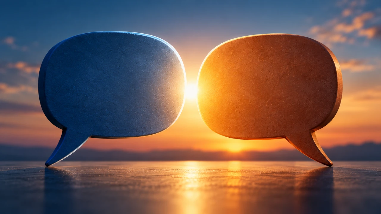 Dois balões de diálogo, um azul e outro laranja, aparecem frente a frente com uma luz entre eles ao entardecer. Dois balões de diálogo, um azul e outro laranja, aparecem frente a frente com uma luz entre eles ao entardecer.