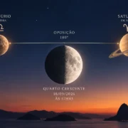 Ilustração mostra Mercúrio em Libra e Saturno em Áries em oposição, com a Lua no Quarto Crescente ao centro.