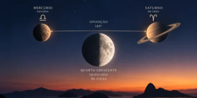 Ilustração mostra Mercúrio em Libra e Saturno em Áries em oposição, com a Lua no Quarto Crescente ao centro.