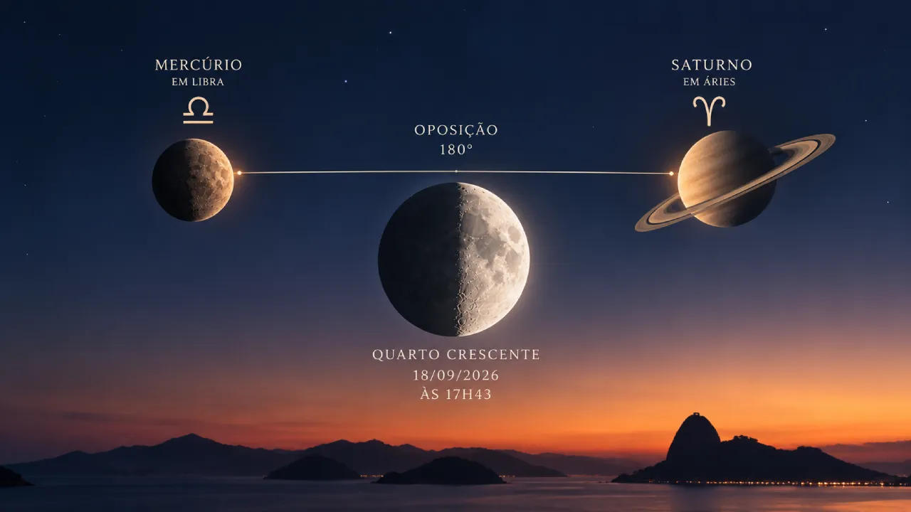 Ilustração mostra Mercúrio em Libra e Saturno em Áries em oposição, com a Lua no Quarto Crescente ao centro. Ilustração mostra Mercúrio em Libra e Saturno em Áries em oposição, com a Lua no Quarto Crescente ao centro.