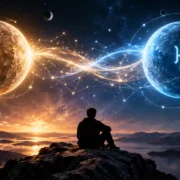 Mercúrio e Urano aparecem conectados por fluxos luminosos enquanto uma pessoa observa o céu, simbolizando novas ideias e mudança de perspectiva