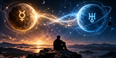 Mercúrio e Urano aparecem conectados por fluxos luminosos enquanto uma pessoa observa o céu, simbolizando novas ideias e mudança de perspectiva