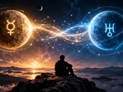 Mercúrio e Urano aparecem conectados por fluxos luminosos enquanto uma pessoa observa o céu, simbolizando novas ideias e mudança de perspectiva