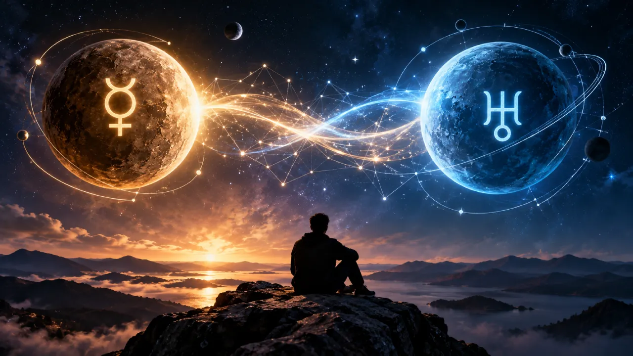 Mercúrio e Urano aparecem conectados por fluxos luminosos enquanto uma pessoa observa o céu, simbolizando novas ideias e mudança de perspectiva
