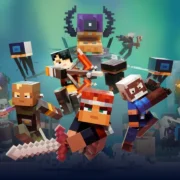 Heróis enfrentam criaturas em Minecraft Dungeons II.