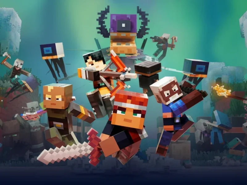 Heróis enfrentam criaturas em Minecraft Dungeons II.
