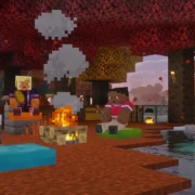 Jogadores acampam no Dappled Forest de Minecraft com camas de palha, almofadas e fogueira.